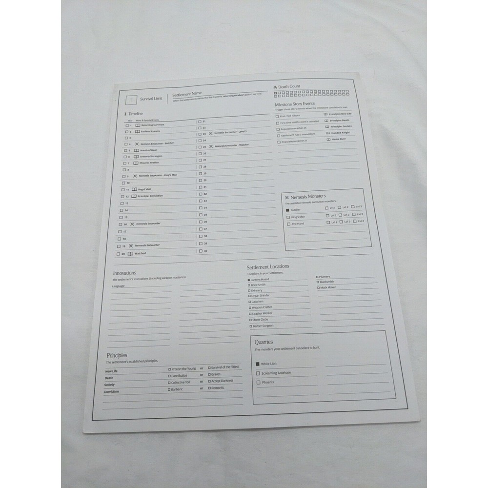 Kingdom Death Monster 1.0 Settlement Sheet Pad